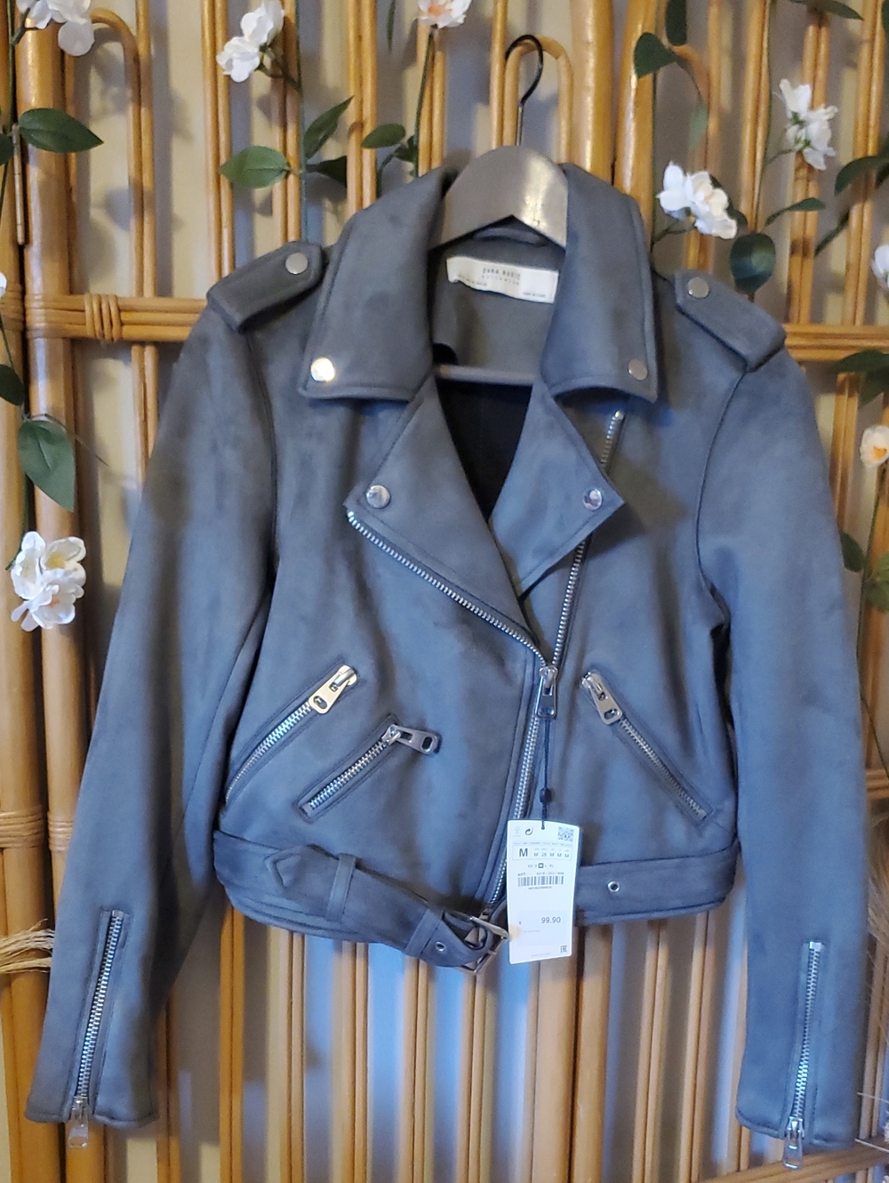 Zara Gray Faux Suede Biker Jacket with Silver Hardware